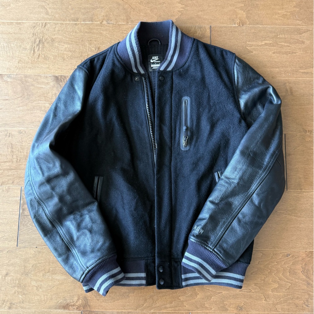 Nike Black Leather Wool Bomber Jacket